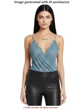 NWT WAYF M blue smoke surplice lace bodysuit